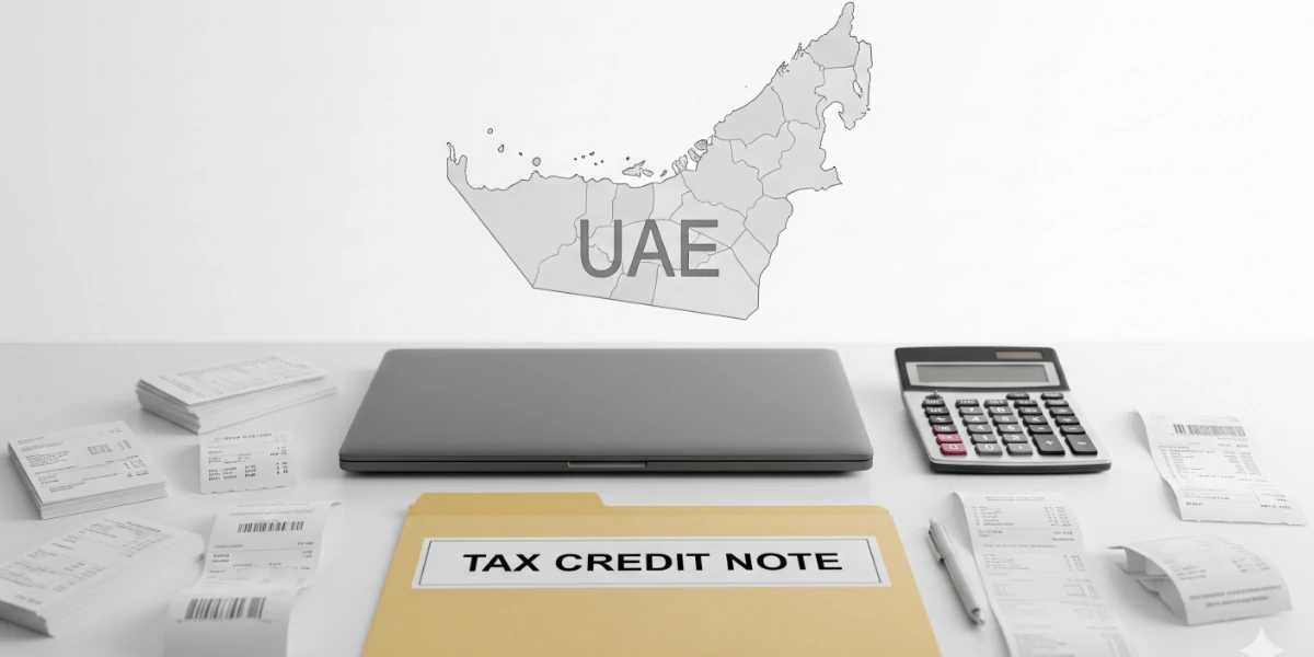 Illustration of tax credit note compliance in UAE with labeled document and financial records.