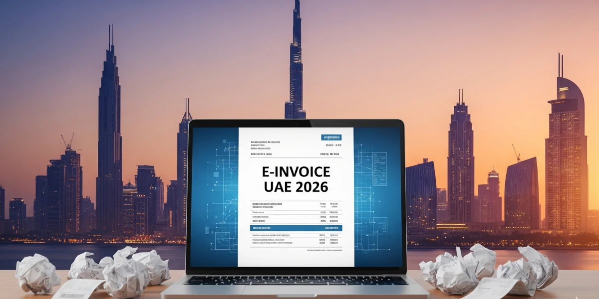 Illustration of mandatory e-invoicing in UAE 2026 with labeled invoice and UAE tax documents.