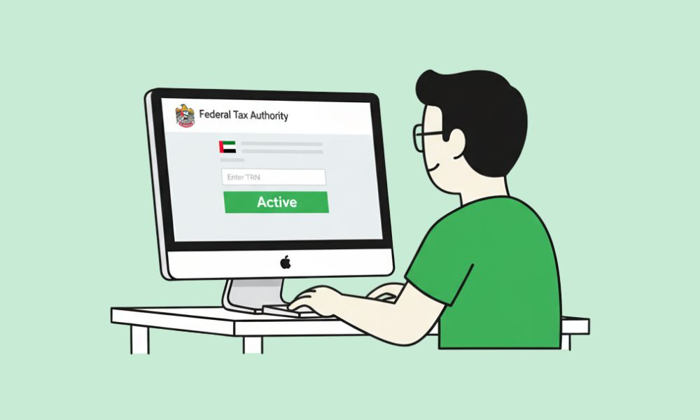 Male cartoon character verifying UAE TRN online with laptop and VAT invoice beside UAE flag