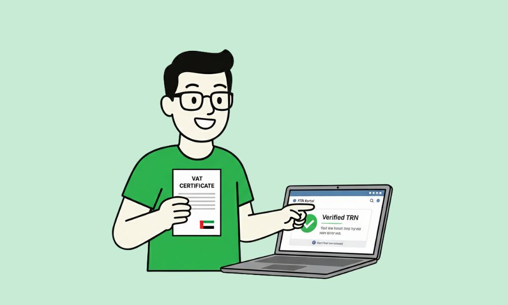Cartoon character comparing VAT certificate to verified TRN on FTA website.