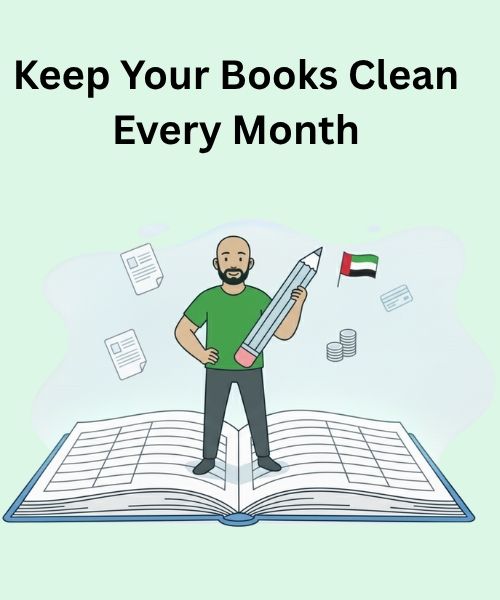 Minimalist illustration of a smiling cartoon character in green shirt standing on a clean ledger book, representing simplified monthly accounting for small UAE businesses