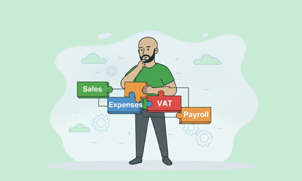 Cartoon character assembling labeled puzzle blocks representing a clear bookkeeping system for SME
