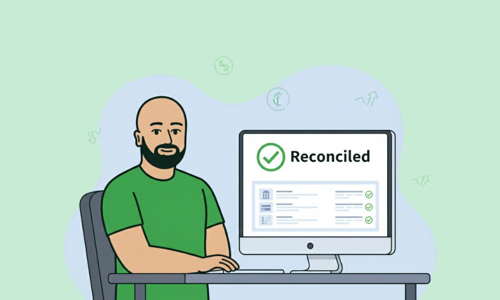 “Cartoon character smiling while reviewing reconciled bank transactions on screen for monthly bookkeeping