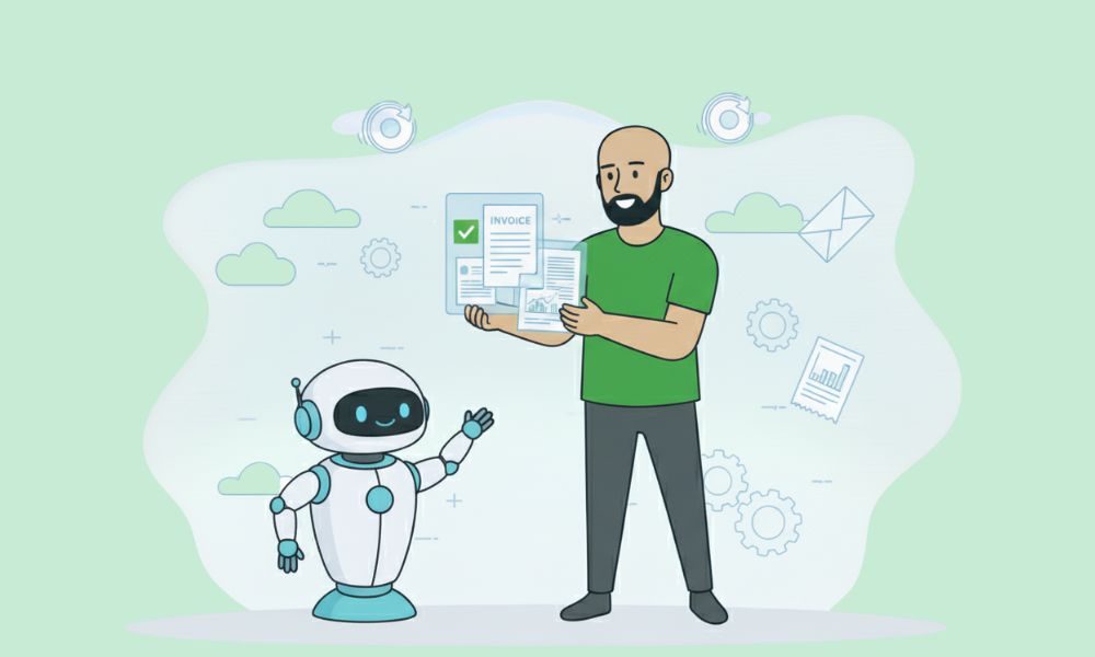 Cartoon character smiling as automation bot hands him digital invoices, symbolizing automated accounting processes