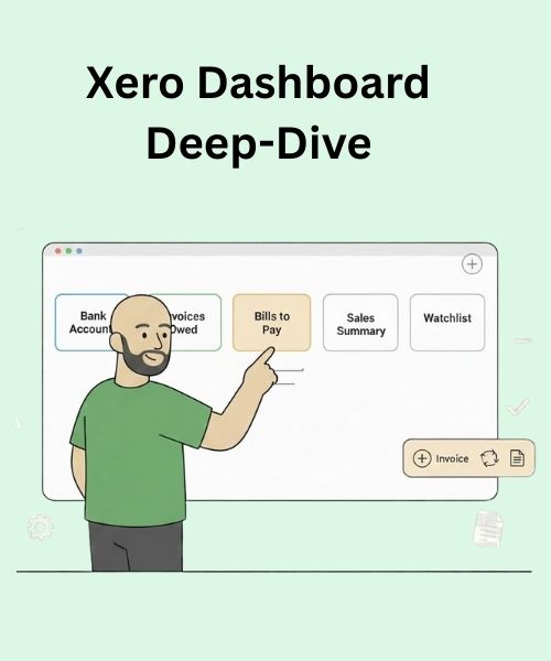 Customizable Xero dashboard illustration showing widgets and shortcuts arranged for better visibility