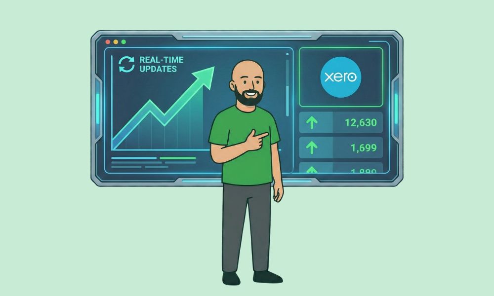 Character standing in front of a simplified digital dashboard, symbolizing clean monitoring in Xero after migration