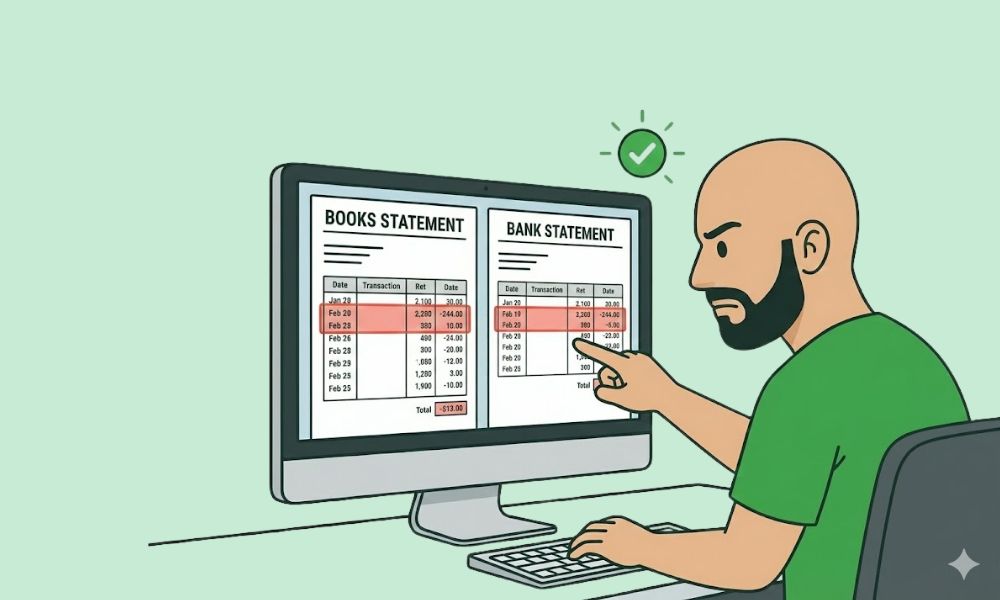 Cartoon character reviewing mismatched bank and bookkeeping records to fix reconciliation errors.