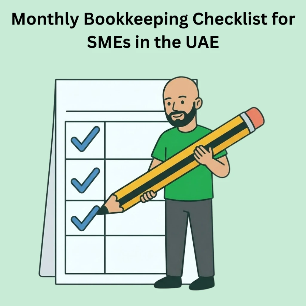 Bald bearded accountant completing a monthly bookkeeping checklist on a calendar page symbolising organised accounting for UAE SMEs