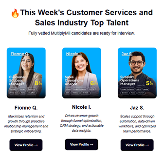 Profiles of three top customer service and sales professionals: Fionne Q., Nicole I., and Jaz S., each with their role, experience level, and a button to view their profile.