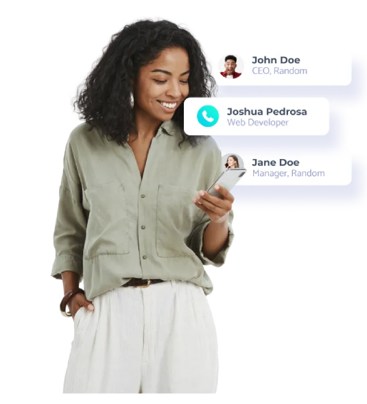 Woman using a smartphone with chat bubbles showing team member profiles and job titles