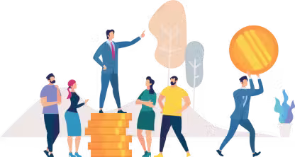 Several people surrounding a man on top of coins and a man carrying one