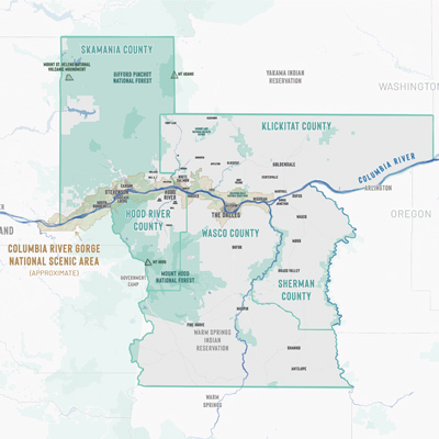 A map of the five counties showing the Columbia River Gorge National Scenic Area