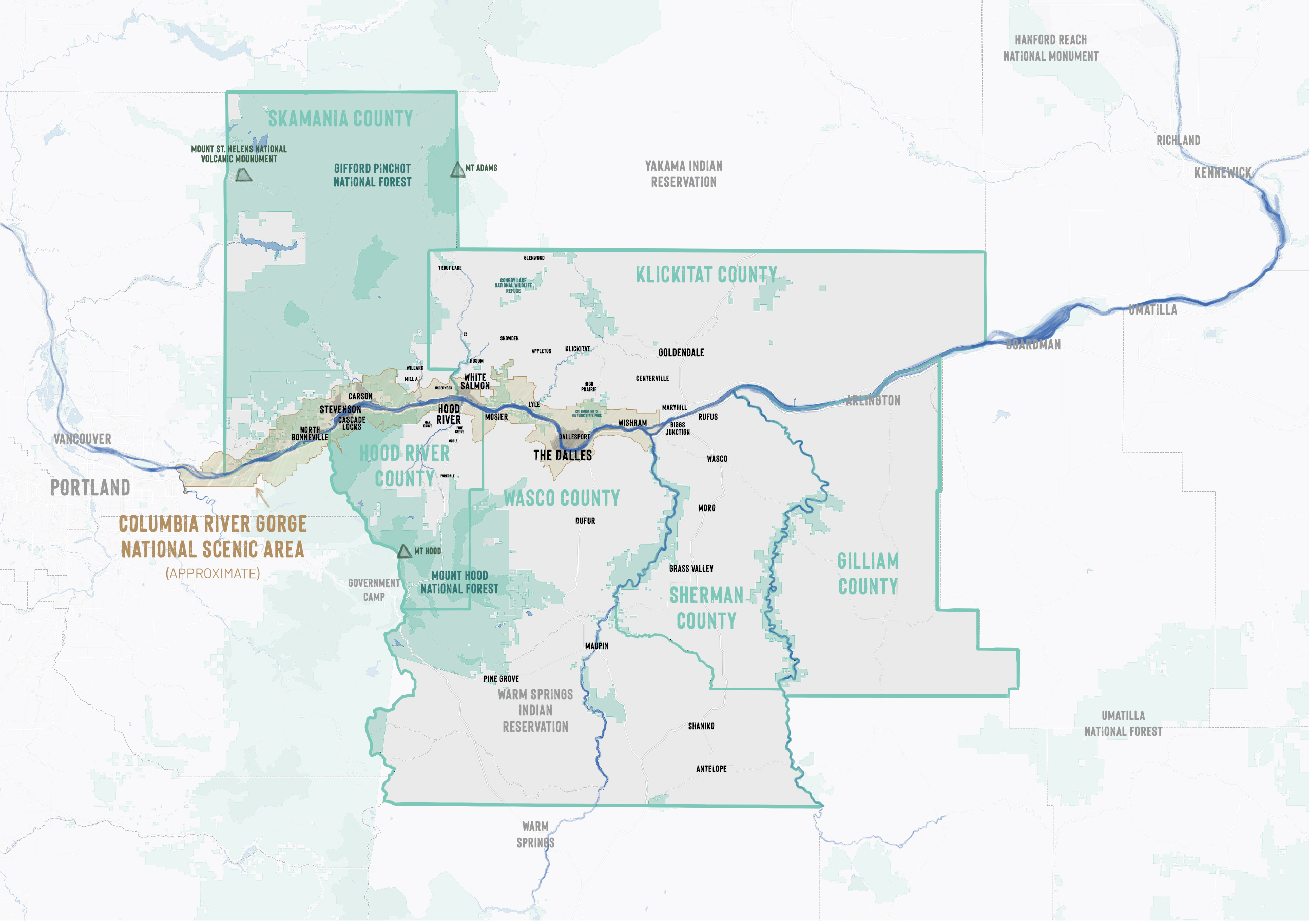 A detailed map depicts the Mid-Columbia region including the Washington counties of Skamania, Klickitat; and the Oregon counties of Hood River, Wasco, Sherman, and Gilliam. The Columbia Gorge National Scenic Area boundary is depicted, as are landmarks such as Mount Saint Helens, Mount Hood, and Mount Adams. 