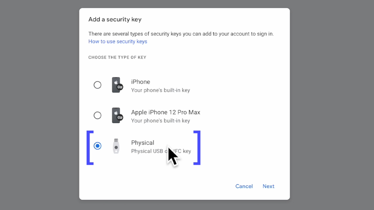 Universal 2nd Factor (U2F) google physical security key