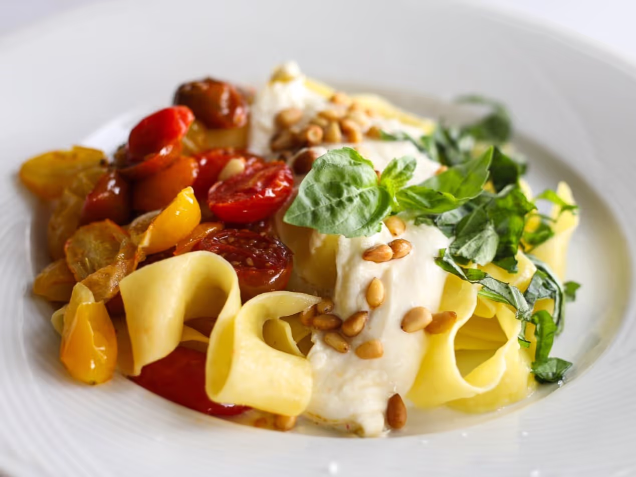 Roasted Caprese Pappardelle Pasta | Delicious Recipes for Every Season | Sydne George