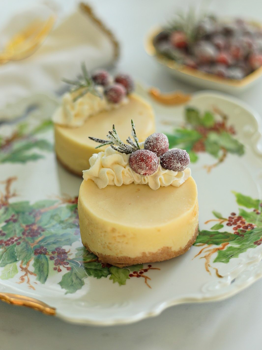 Sugared Cranberry-Topped Mini New York Cheesecakes