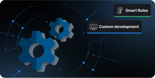 Two blue gears with network connection lines and labels reading Smart Rules and Custom development.