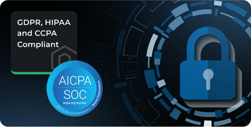 Graphic showing compliance with GDPR, HIPAA, and CCPA, featuring an AICPA SOC seal and a blue padlock symbolizing security.