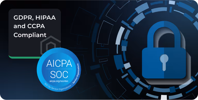 Graphic showing compliance with GDPR, HIPAA, and CCPA, featuring an AICPA SOC seal and a blue padlock symbolizing security.