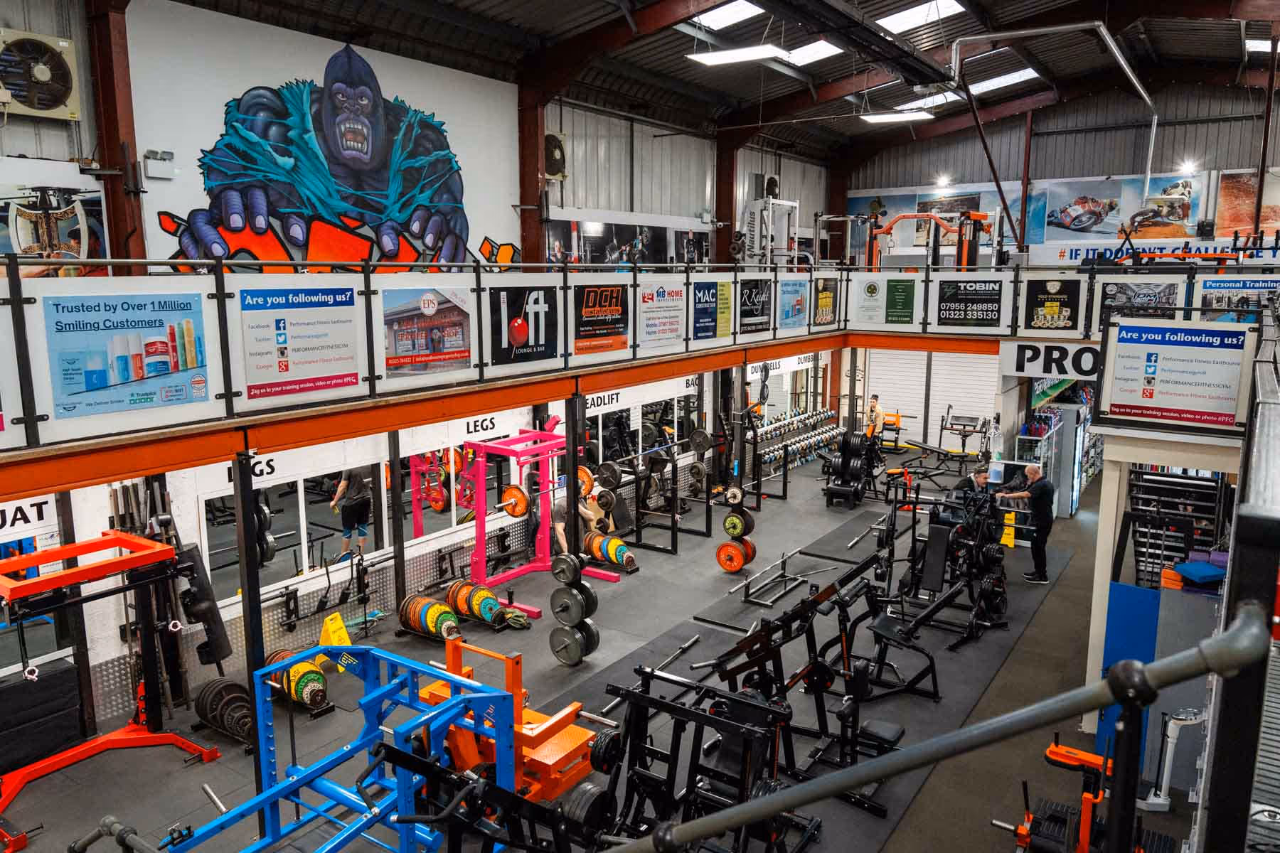 A gym with weightlifting equipment and colorful wall art, including a large gorilla mural.