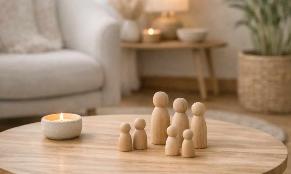 AI enhanced image of a practice room, a table, a chair, a plant, a side table, wooden figures