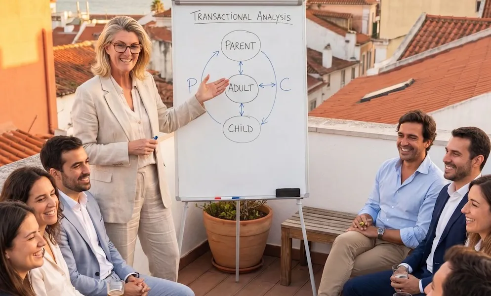AI enhanced image of Eva leading a team coaching session on a rooftop in lisbon using a whiteboard and people smiling