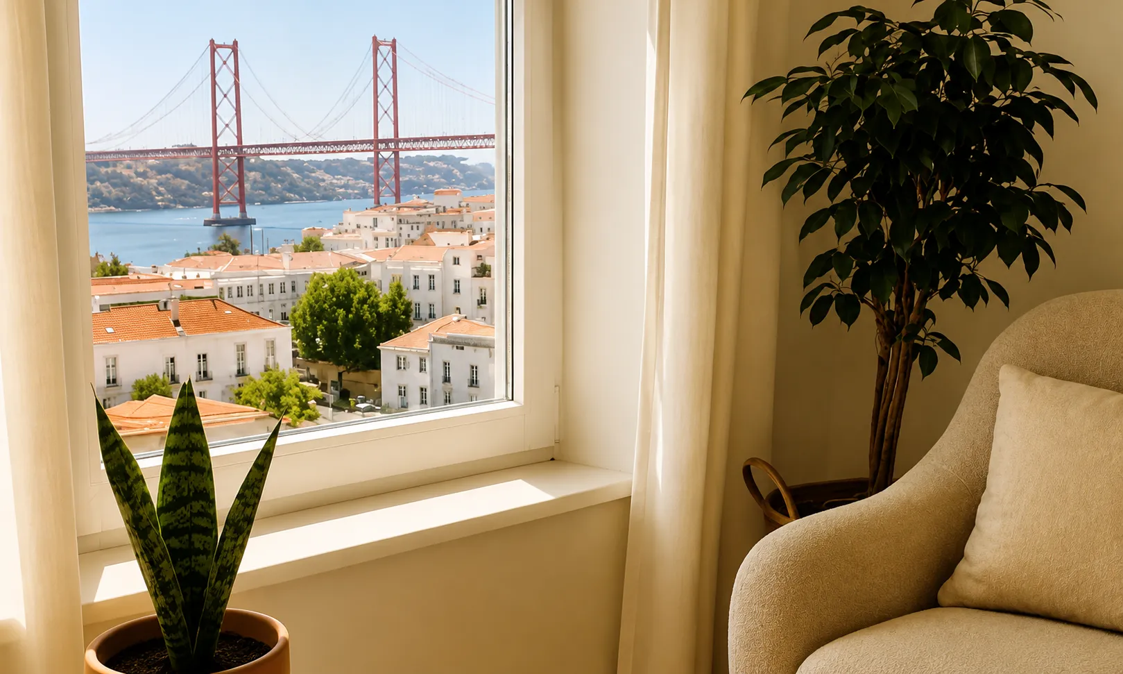 AI enhanced image of a counseling room with a view of the river Tejo and the 25 Abril bridge