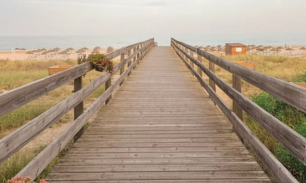 A boardwalk to the beach on a cloudy day in the Netherlands