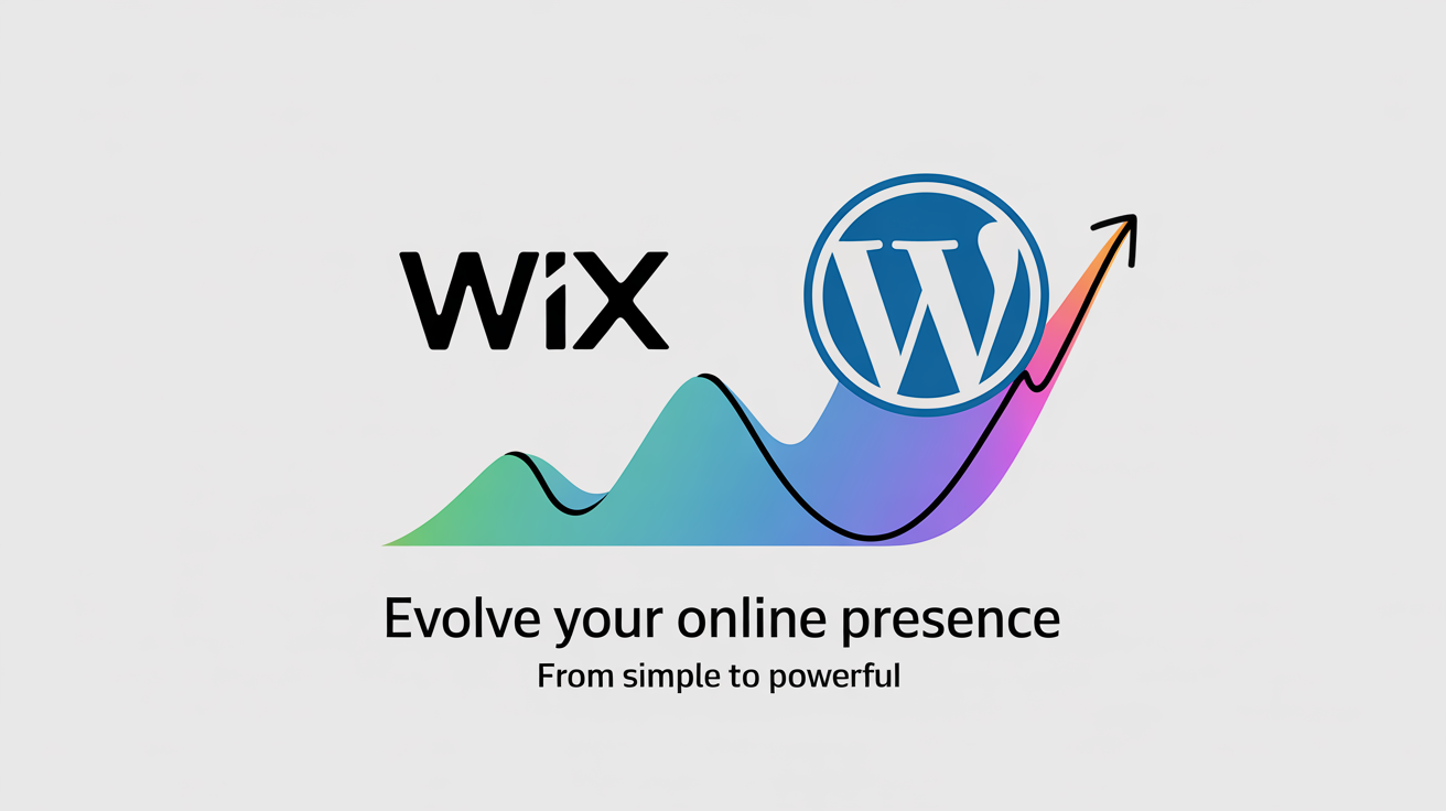 Simple, clean graphic showing Wix logo → Arrow pointing to → WordPress logo with an upward trending graph icon