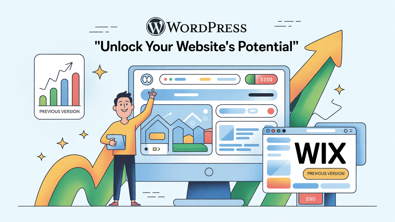 A vibrant, modern digital illustration advertisement showcasing the seamless transition to WordPress, highlighting its benefits for business growth. The central focus is a smiling web developer proudly standing next to a sleek, responsive WordPress website displayed on a large monitor, with a smaller, dated Wix website visible in the background, subtly faded and overlaid with a "previous version" watermark. Supporting visuals include upward-trending charts representing increased website traffic, improved SEO rankings, and rising sales figures, alongside subtle animated elements like upward arrows and twinkling stars conveying a sense of accomplishment, with the WordPress logo prominently displayed alongside the tagline " “Unlock Your Website’s Potential””. The overall aesthetic is clean, professional, and optimistic, utilizing a palette of blues, greens, and yellows to evoke trust, growth, and innovation, perfectly suited for a business-focused audience.