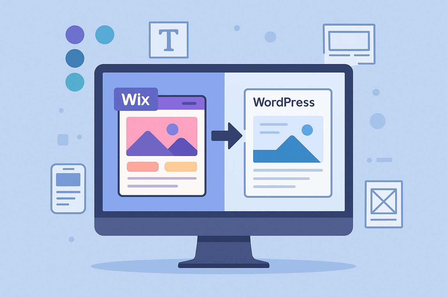 Flat illustration showing a desktop monitor split in two: the left half displays a colorful “Wix” page mock-up, the right half shows a cleaner “WordPress” layout. A bold arrow in the middle signals the transition from Wix to WordPress, while floating UI elements (color swatches, typography icons, wireframe sketches) emphasize design and UX considerations