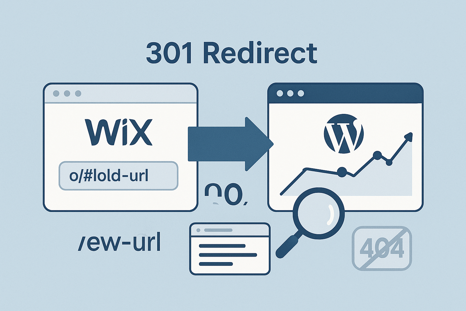 Flat illustration on a soft-blue background. A browser window labeled “Wix” with an old slug is connected by a bold arrow marked “301 Redirect” to a new WordPress window displaying a rising analytics graph and magnifying-glass SEO icon. A crossed-out “404” icon reinforces that redirects prevent broken links and protect rankings.