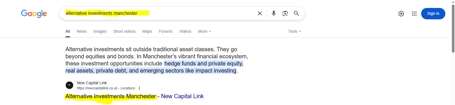 organic search page for investment / finance seo