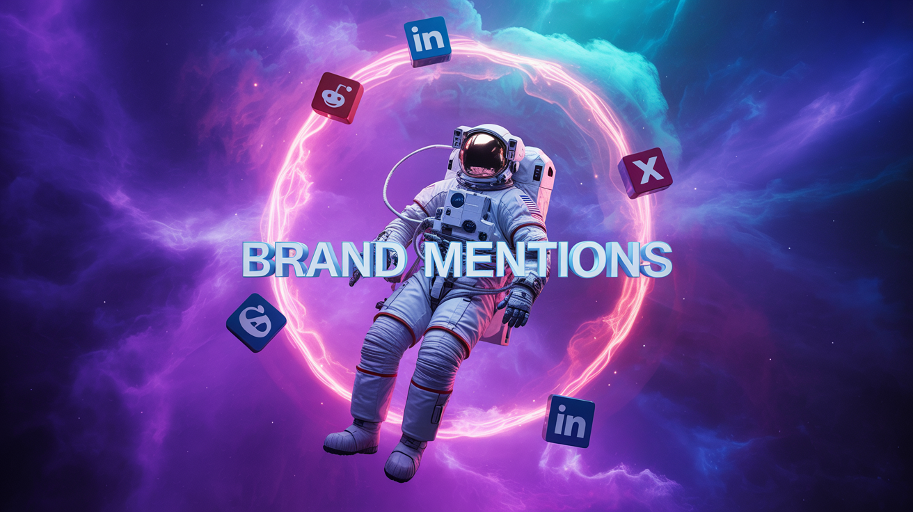 A photograph of an astronaut floating serenely within a vibrant, swirling nebula of purple and cyan. The astronaut is wearing a detailed white spacesuit with a reflective gold visor, and tethered by a thin cable. Surrounding the astronaut, suspended in the nebula, are various social media logos including reddit, LinkedIn, and X, and prominently displayed in front of him are the words "Brand Mentions" in a futuristic font. The nebula glows with an ethereal light, casting long, soft shadows and illuminating the scene with a sense of awe and wonder.