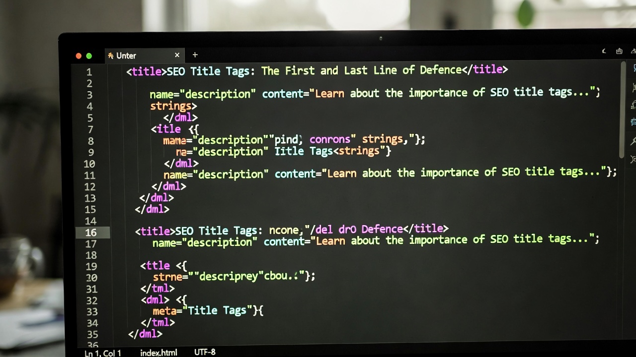 A picture of a pc with html showing title tags