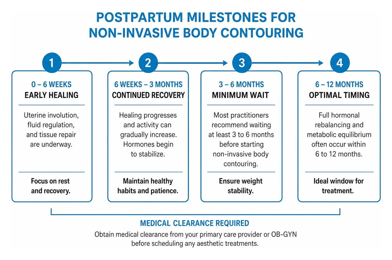 Timeline outlining postpartum milestones for non-invasive body contouring treatments