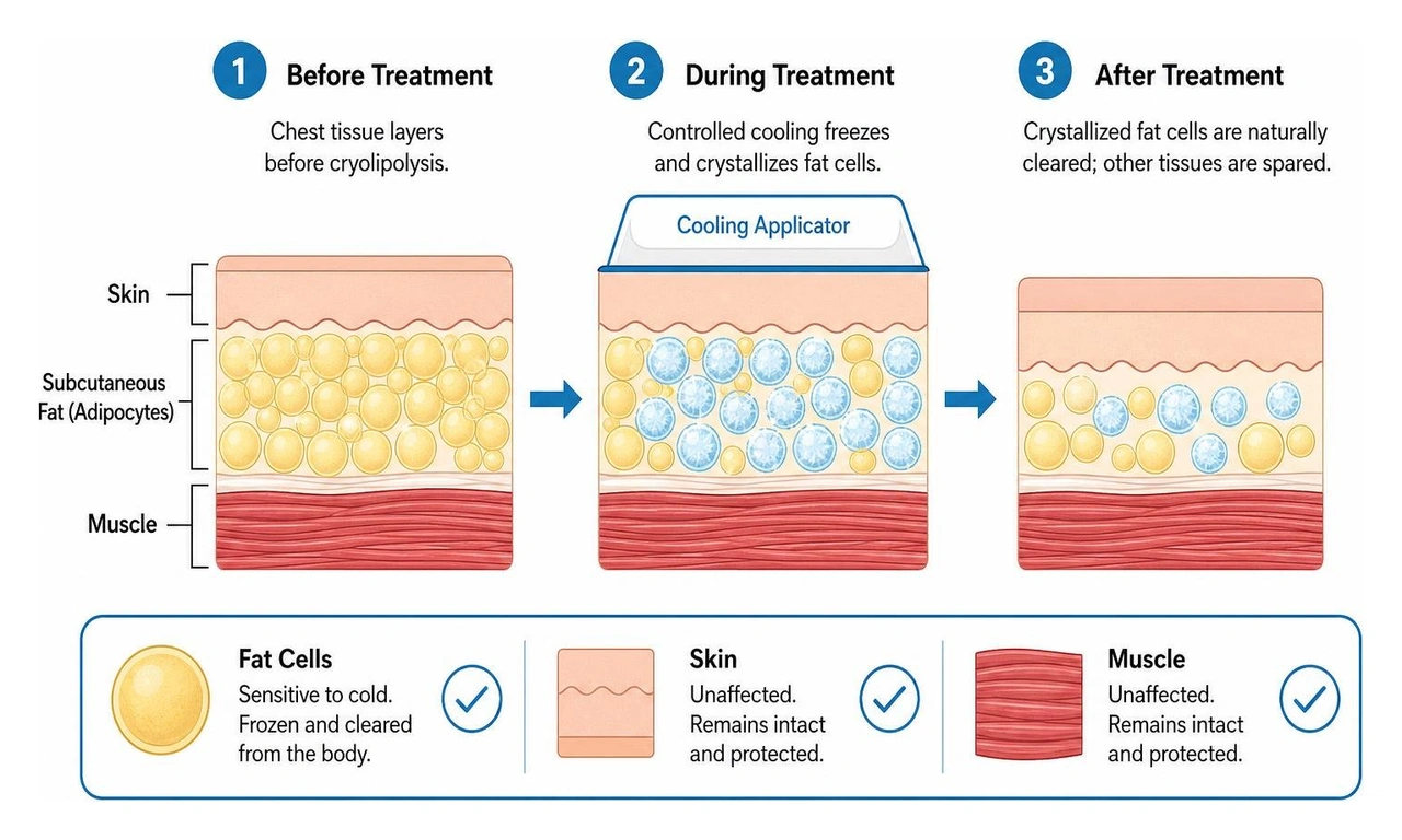 Diagram showing how cryolipolysis targets subcutaneous fat cells while sparing muscle and skin Diagram showing how cryolipolysis targets subcutaneous fat cells while sparing muscle and skin