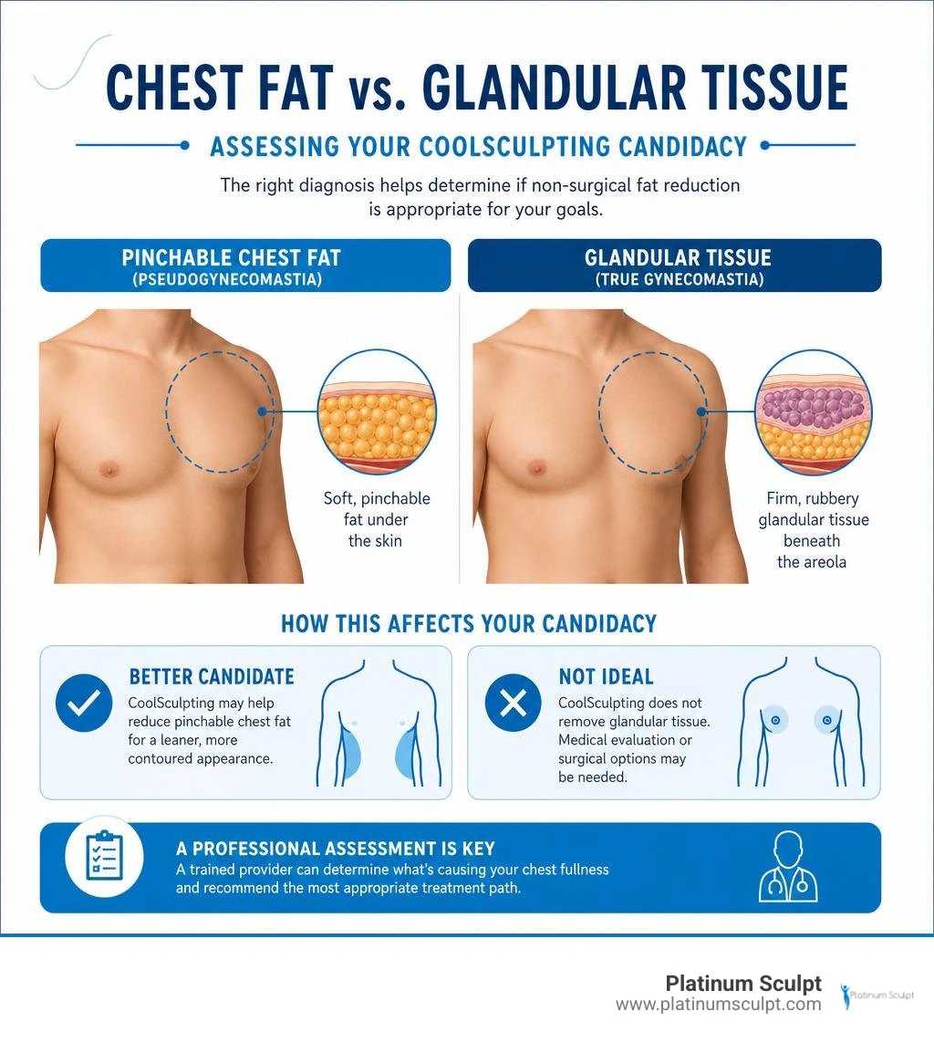 Infographic showing assessment of chest fat versus glandular tissue for CoolSculpting candidacy infographic Infographic showing assessment of chest fat versus glandular tissue for CoolSculpting candidacy infographic