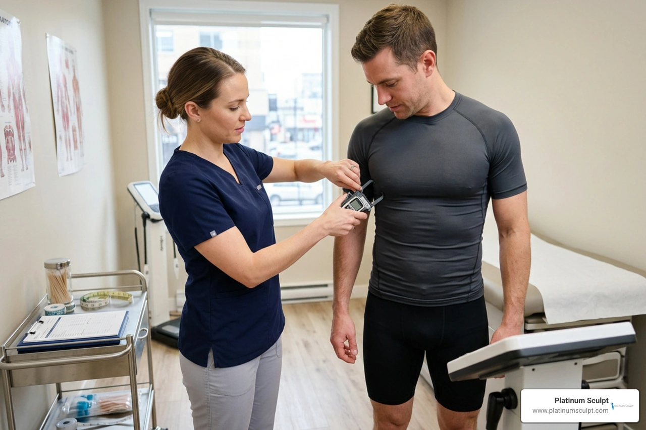 Practitioner assessing client body composition and chest contours Practitioner assessing client body composition and chest contours