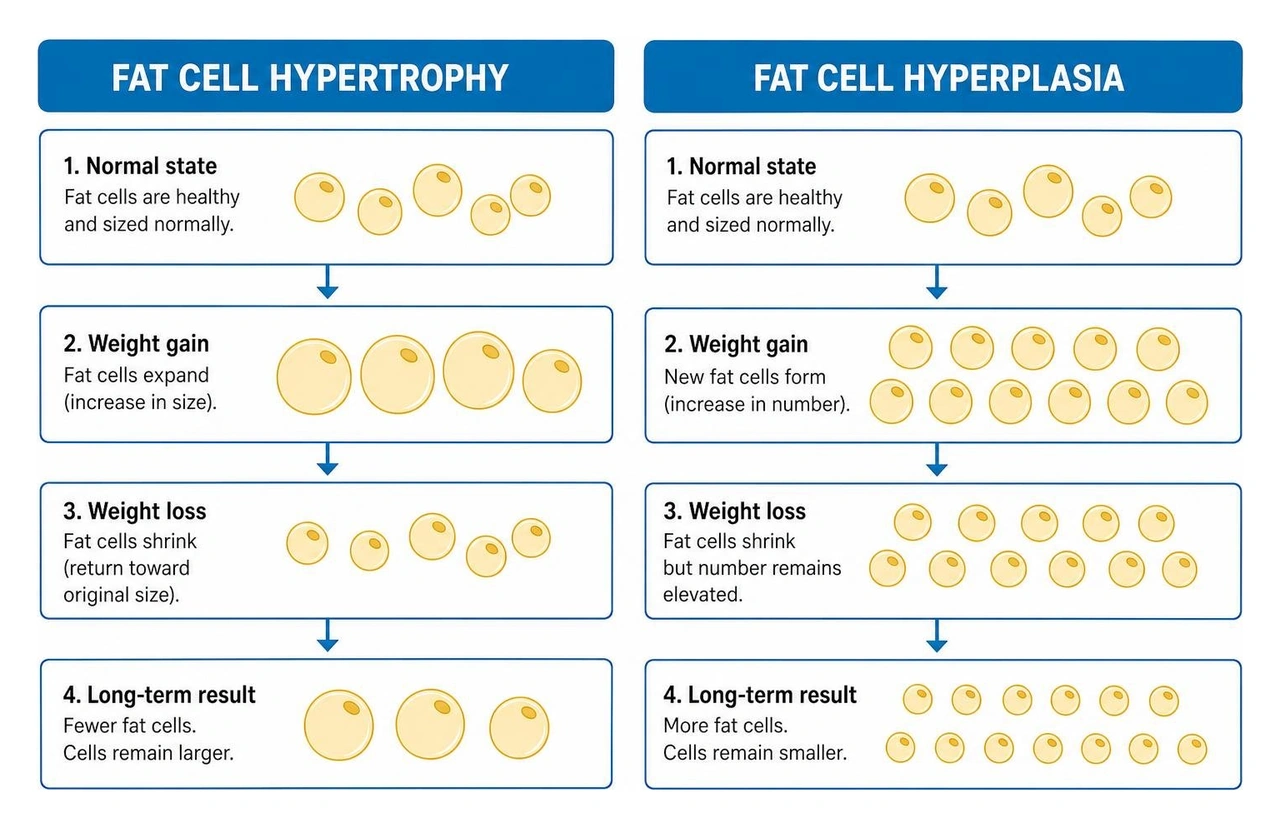 illustration comparing fat cell hypertrophy and fat cell hyperplasia illustration comparing fat cell hypertrophy and fat cell hyperplasia