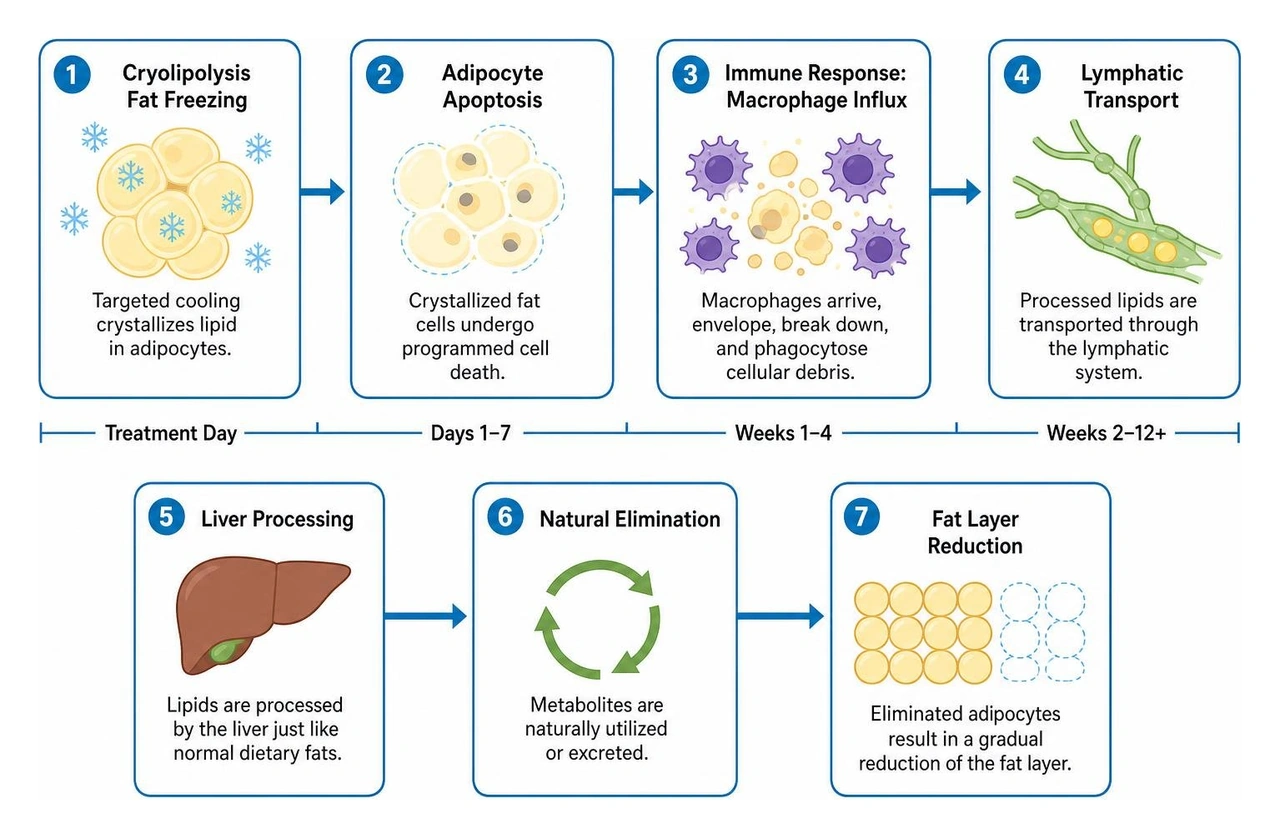 Biological timeline of adipocyte apoptosis and lymphatic fat clearance Biological timeline of adipocyte apoptosis and lymphatic fat clearance
