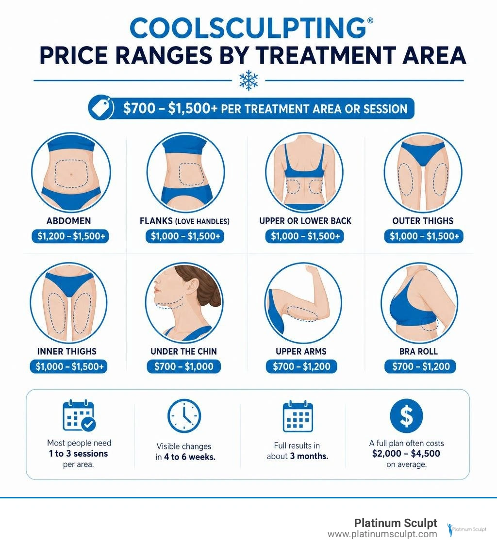 CoolSculpting price ranges by treatment area infographic CoolSculpting price ranges by treatment area infographic