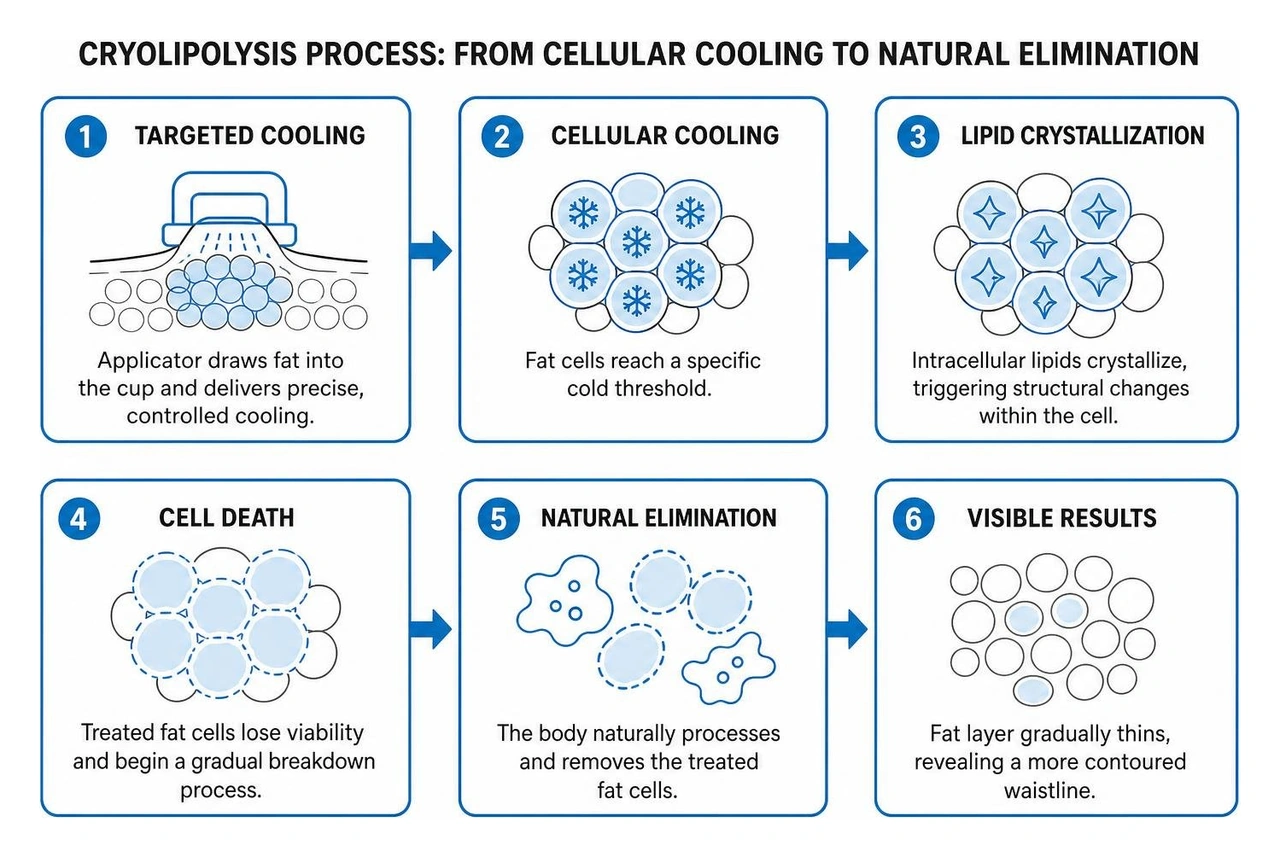 Step-by-step cryolipolysis process from cellular cooling to natural elimination Step-by-step cryolipolysis process from cellular cooling to natural elimination
