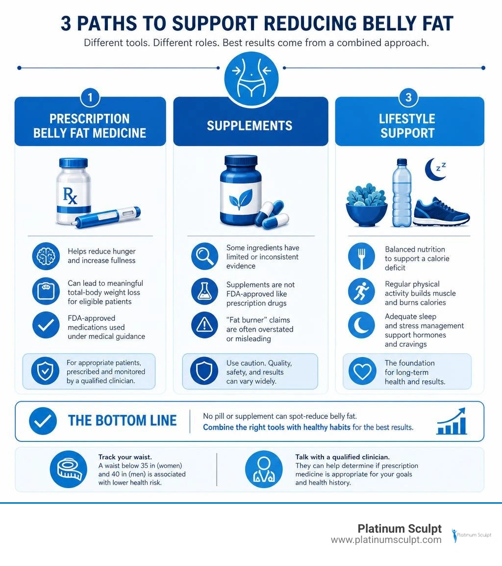 Infographic comparing prescription belly fat medicine, supplements, and lifestyle support infographic