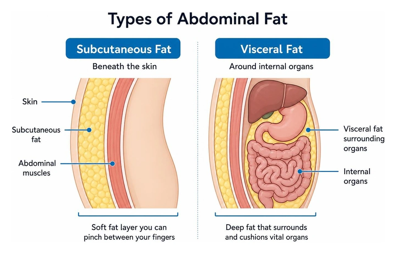 Diagram showing subcutaneous fat beneath skin versus deep visceral fat around organs