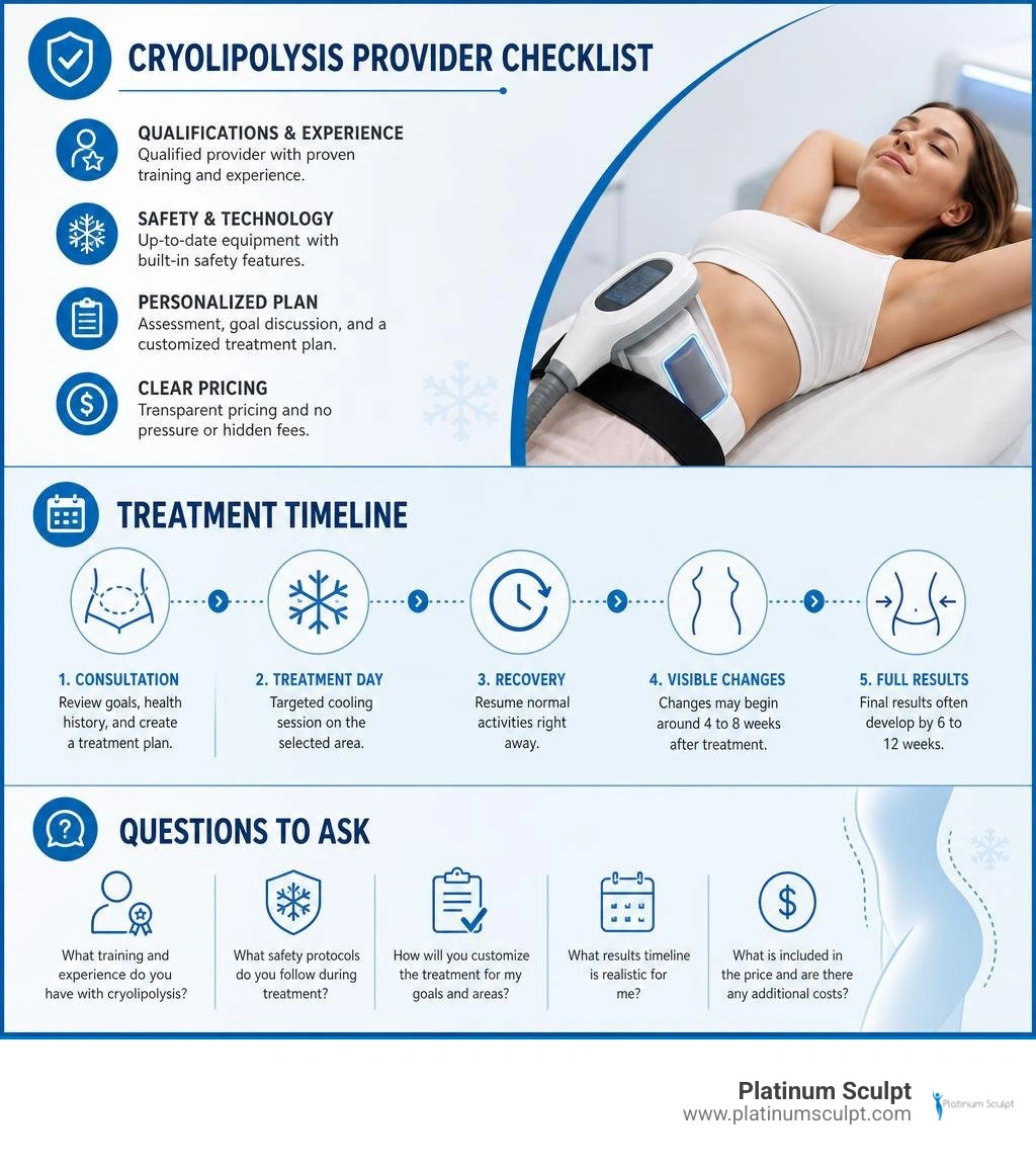 Cryolipolysis provider checklist, treatment timeline, and questions to ask infographic Cryolipolysis provider checklist, treatment timeline, and questions to ask infographic