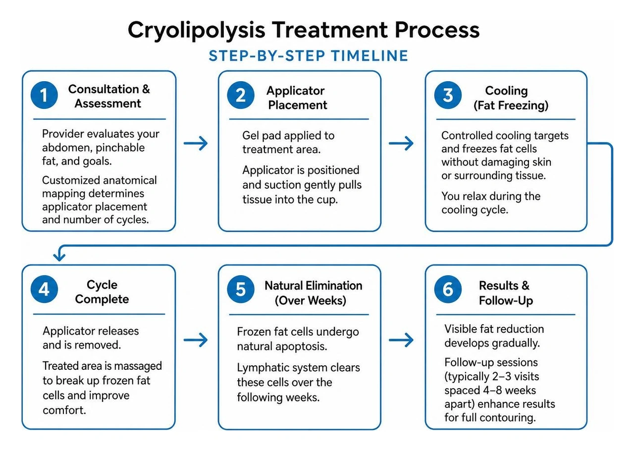 Cryolipolysis treatment process step by step timeline Cryolipolysis treatment process step by step timeline
