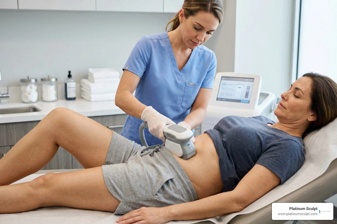 CoolSculpting applicator placed on the abdominal area CoolSculpting applicator placed on the abdominal area