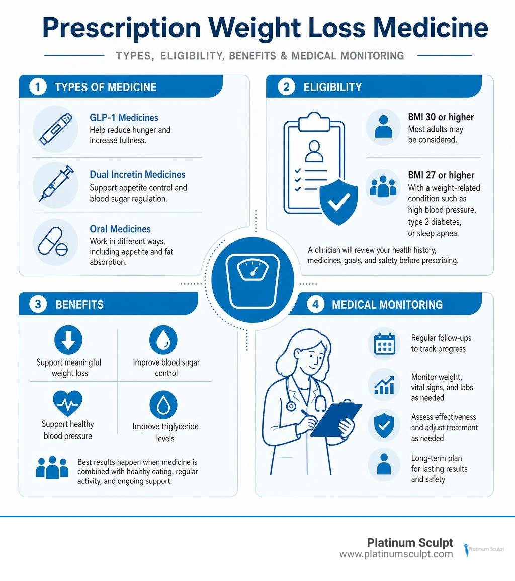Prescription weight loss medicine types, eligibility, benefits, and medical monitoring infographic Prescription weight loss medicine types, eligibility, benefits, and medical monitoring infographic