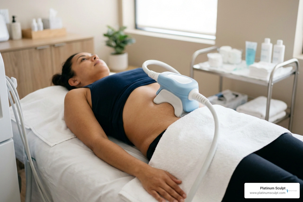 cooling applicator placed on abdomen during non-invasive cryolipolysis treatment cooling applicator placed on abdomen during non-invasive cryolipolysis treatment